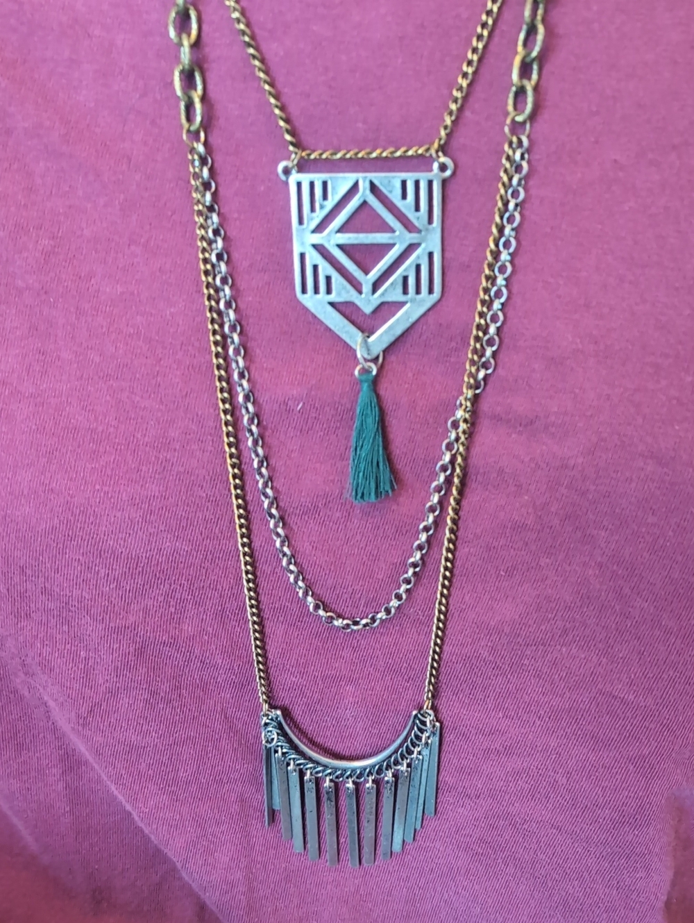 Layered Gold-Tone Geometric Pendant Necklace with Green Tassel